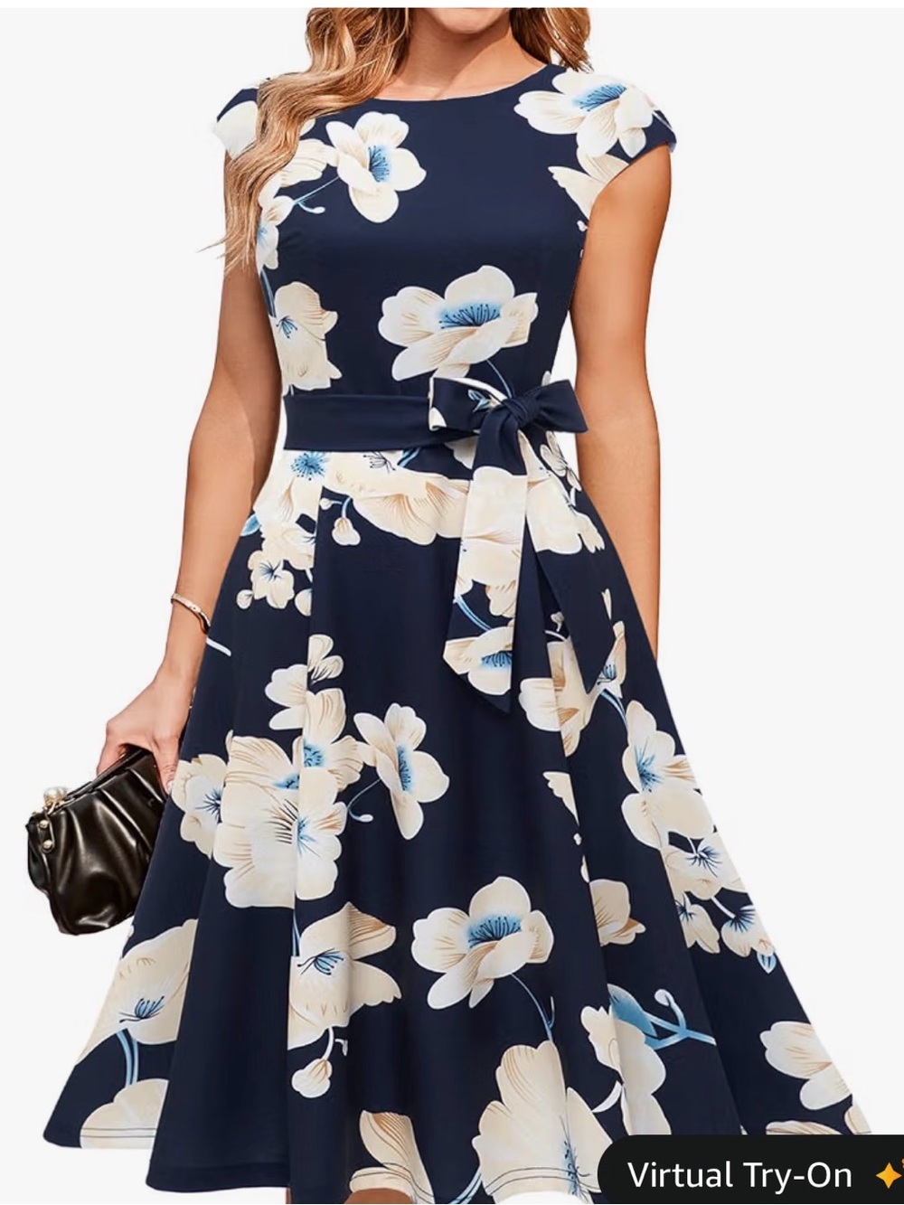 Floral Fit & Flare Dress - Navy with Cream Blossoms